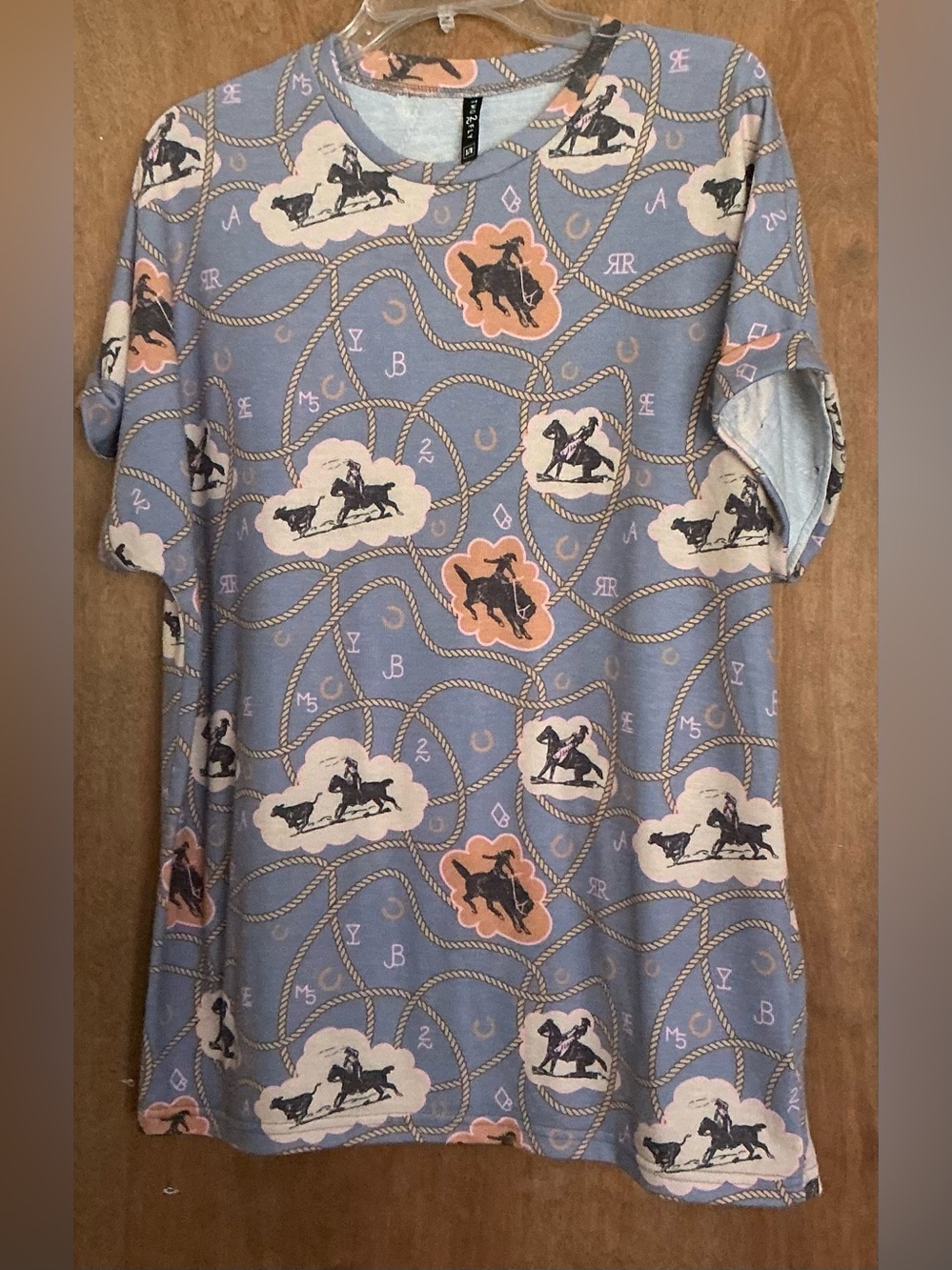 2 Fly Co Western Graphic Tee Shirt Women S/M Blue All Over Horse Rodeo Print